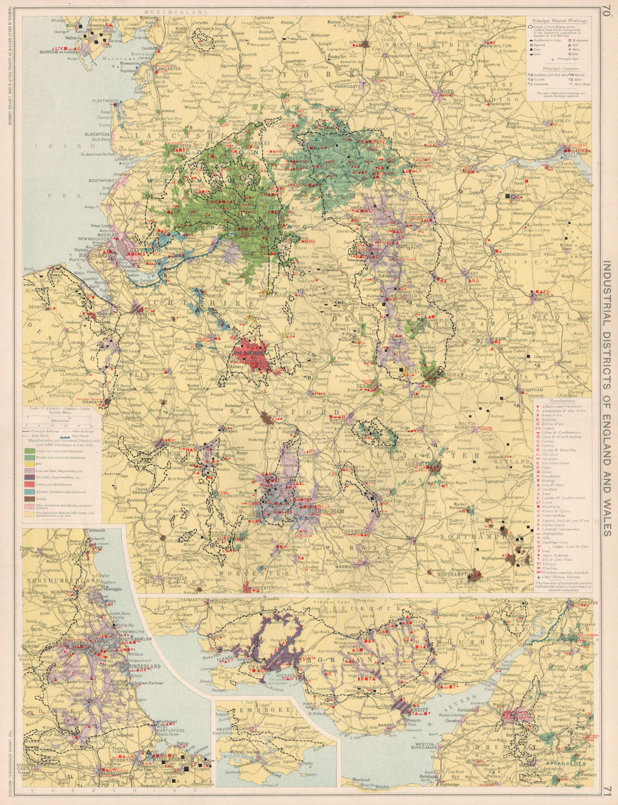 England & Wales Industrial Districts. Manufacturing production types 1925 map